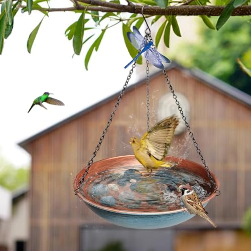 Hanging Bird Bath for Outdoors,11Inch Double Patchwork Birdbath Bowl Window Birds Feeder with 13.5 in Rust-Proof Black Chains Metal Hanging Birds Feeder for Garden Backyard Decor Copper Blue