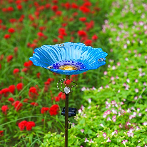 Homight Solar Glass Blue Bird Bath, Yard Art，Garden Outdoor Birdbath with Metal Stake with White LED Light Metal Stake Garden Decor Gift - color: Blue