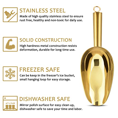6 Ounce Ice Scoop Set of 2, E-far Gold Stainless Steel Small Scoops for Ice Cube/Candy/Flour/Sugar, Metal Utility Scoops for Canisters, Baking, Kitchen Pantry, Rust Free & Dishwasher Safe - color: Gold