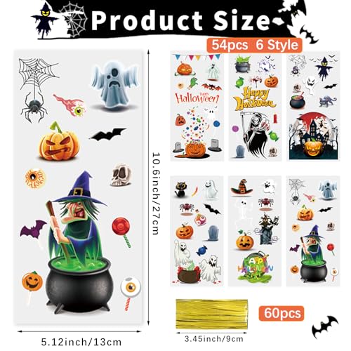 QOIUSO Halloween Cellophane Treat Bags: 54Pcs Clear Halloween Trick or Treat Goodie Bags with 60Pcs Twist for Candy Cookies Gifts Packaing, Kids Party Favor Bags (10.8 * 5.1in) - color: Halloween-54pcs