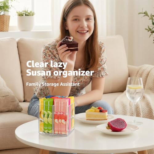 Drink Packet Organizer, Rotating Turntable Organizer with 4 Compartments | Clear Lazy Susan for Powdered Drink Mix, Water Flavor Packets, Coffee, Tea – Space-Saving Countertop Organizer - size: 1 Pack - 4 Section