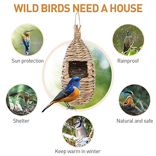 WDEFUN Humming Bird Houses for Outdoor Hanging, Natural Grass Bird Hut,Hand Woven Hummingbird Nest,Wren Finch Bird House for Garden Window Outdoor Home 3 Pack - size: water shape 3 pcs