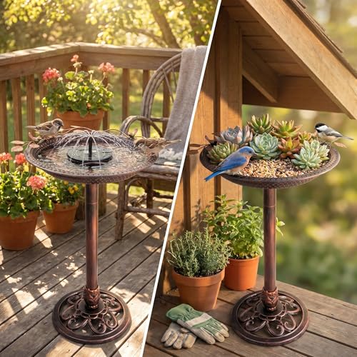 Metal Bird Bath with Solar Fountain Pump & LED Lights, 34" Tall Iron Birdbath for Outdoors, Heavy Duty Cast Iron Pedestal Bird Bath for Garden Yard Patio Lawn Deck, Bronze Finish