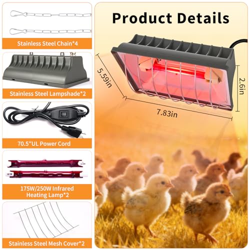2-Pack 250W Chicken Coop Heat Lamp with Guard & Adjustable Temp | Adjustable 175W/250W infrared heater with safety guard. For chicks, poultry, livestock & small pets. Durable brooder heating. - size: 2 Pack