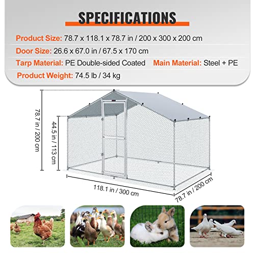 VEVOR Large Metal Chicken Coop with Run, Walkin Chicken Coop for Yard with Waterproof Cover, 6.5 x 9.8 x 6.4 ft, Spire Roof Large Poultry Cage for Hen House, Duck Coop and Rabbit Run, Silver - size: 118.0"L x 78.0"W x 78.0"H