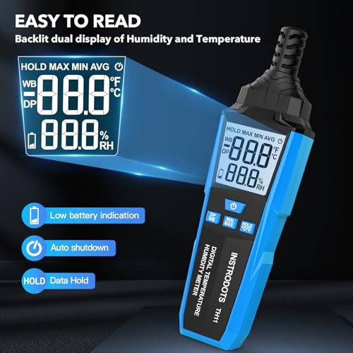Temperature Humidity Meter, High Precision Digital Hygrometer with Ambient, Dew Point, Wet Bulb Temperature for Indoor Outdoor, Thermometer with Min/Max, Data Hold, LCD Backlight, TH11 - color: Blue, size: TH11