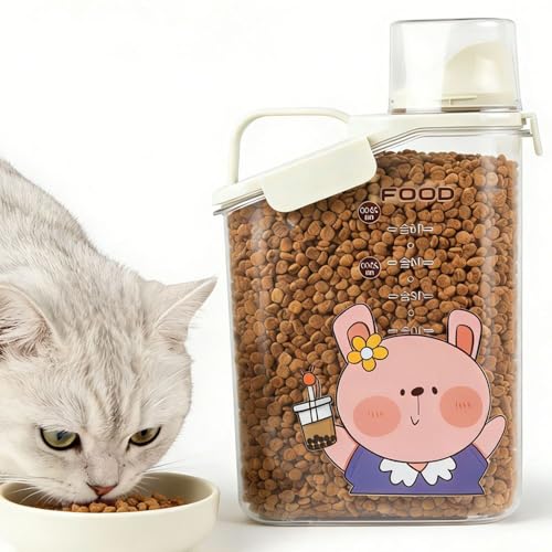 Pet Food Storage Container, 6 lb Airtight Cat Food Bin, Cute Cartoon Design | Wide pour spout, measuring cup cap, silicone seal, snap locks, carry handle, clear body, food-safe storage for 6 lb dry food