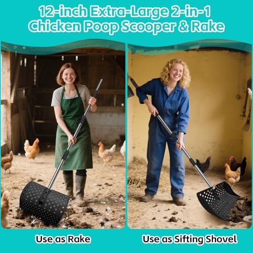12" 2-in-1 Chicken Poop Scooper & Rake (US Patent No. D1124534), 3-Shape Sifting Holes Chicken Coop Rake, Stainless Steel Handle (20–61") - Litter Scoop Sand & Sifting Shovel (Black) - color: Black