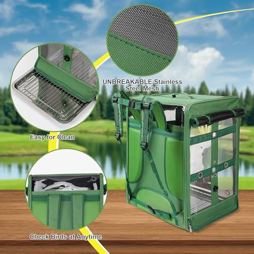 Bird Carrier Travel Cage, Cockatoo Carrier, Parrot Travel Backpack with Unbreakable Stainless Steel Mesh, Perch, Water Bottle and Food Bowl, X-Large Green - color: Green, size: 17.5"L x 14.8"W x 23.6"H