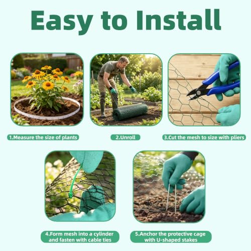 16in x 33ft PVC Coated Chicken Wire Mesh Fence | Garden Fencing Netting & Plant Protectors from Animals Kit with 100 Zip Ties, 30 U-Stakes, Gloves & Pliers for Vegetables - size: 33Ft x 16In