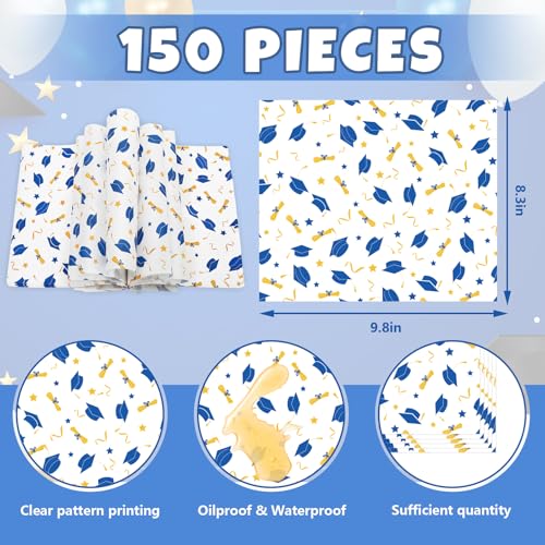 JarThenaAMCS 150 Pcs Graduation Wax Paper 2026 Grad Cap Blue Gold Deli Wrap Waterproof Oil-Proof Basket Liner for Food Sandwich Picnic Party Kitchen Supplies - color: Graduation