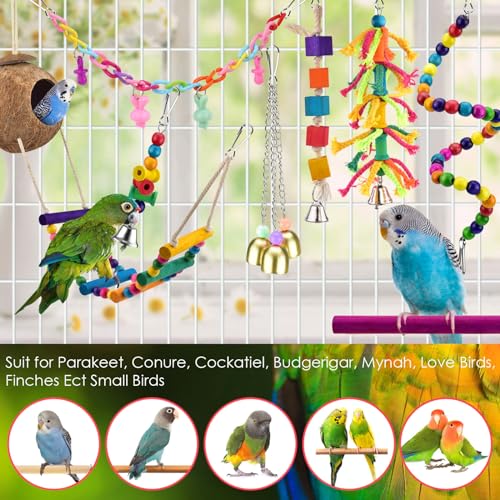 KATUMO Bird Toys, Parrot Swing Parakeet Ladder Conure Wood Perch Bird Chew Toys Cockatiel Hanging Bell Toys for Parakeet, Conure, Cockatiel, Mynah, Love Birds, Finch, Small Pet Birds - style: Colored ladder set (8 IN 1)