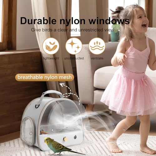 Bird Carrier, Portable Small Bird Parrot Parakeet Carrier with Standing Perch and Soft Mat, Side Access Window Collapsible (Grey, Mesh Windows) - color: Grey