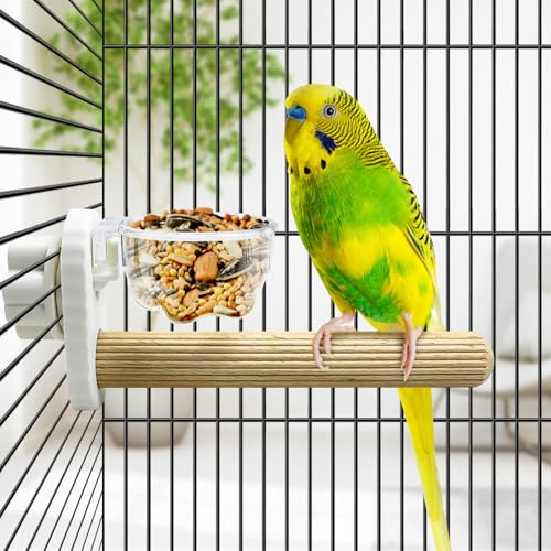 Kathson 3Pcs Bird Perch Feeding Cup Natural Wood Perches with Removable Bird Feeder for Cage Parrot Stand for Parakeets, Budgies, Cockatiels,Parrots, Birds Chewing Stick (White) - color: White