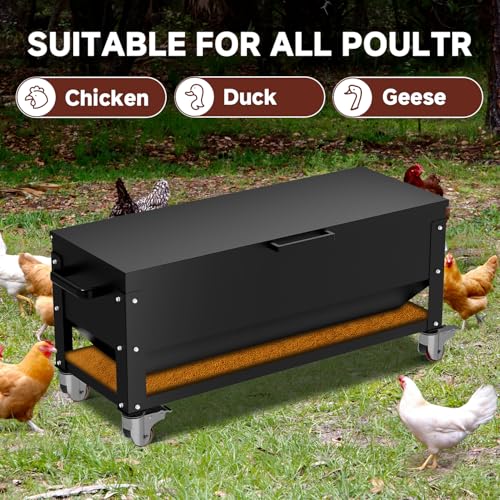 120lb Large Capacity Automatic Metal Chicken Feeder, Heavy Duty Gravity Chicken Feeder Box with Weatherproof Lid Brake Casters,Portable Chicken Feede No Waste Poultry Feeder for Ducks, Geese