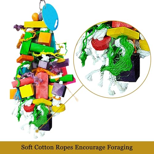 SunGrow Parrot Wooden and Rope Chewing Toy, Multi-Shaped and Multicolored Blocks and Cotton Rope with Hanging Loop (6 Inches)