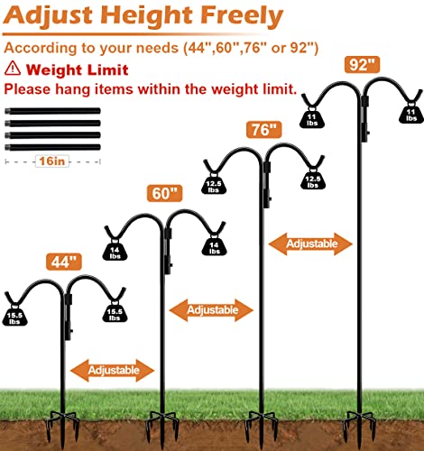 92 Inch Double Shepherds Hook for Outdoor with 5 Prong Base | Adjustable Heavy Duty Bird Feeder Pole for Hanging Flower Basket, Plant Hanger, Solar Light Lanterns, Black - size: 92in-1pcs