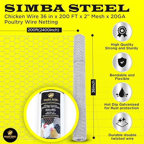 Chicken Wire 36 in x 200 FT x 2” Mesh x 20GA | Poultry Wire Netting | Hot Dipped Galvanized | Chicken Coop, Rabbit Cage, Fence Barrier (36 x 200 x 2) - style: 36 in x 200 FT x 2 in