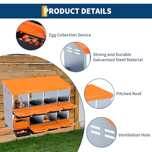 2-Tier Chicken Nesting Box, 8 Compartment Metal Nesting Box for Chickens with Waterproof Roof, Non-Slip Stable Base, Heavy Duty Chicken Laying Boxes for Hens, Poultry - color: Orange, size: 8 holes