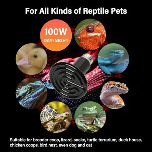 HealSmart Reptile Heat Lamp 100W 2-Pack Ceramic Heat Emitter, No Light Emitting Heat Bulbs for Amphibian Pet Brooder Coop Incubating Chicken, Lizard Bearded Dragon Turtle Snake Terrarium, Black - size: 100 Watts, style: D-85mm (3.35")