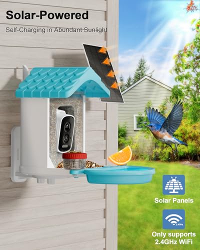 2-in-1 Smart Wild Bird Feeder & Bath with 4K HD Camera, AI Identification Solar Bird Feeder Watching Camera Night Vision for Outdoor Birds Watching Gifts for Birdlover, Blue - color: Blue & White