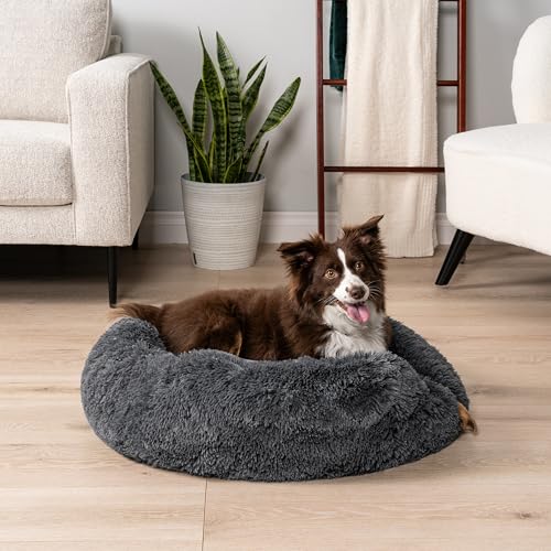 PetAmi Calming Donut Dog Bed, Washable Faux Fur, 30 Inch Medium, Grey | Warm Shaggy Faux Fur and A Deep Nest Help Anxious Pets Curl Up and Sleep Soundly. Perfect for Puppies, Cats, and Rescues. - color: Gray, size: Medium - 30"