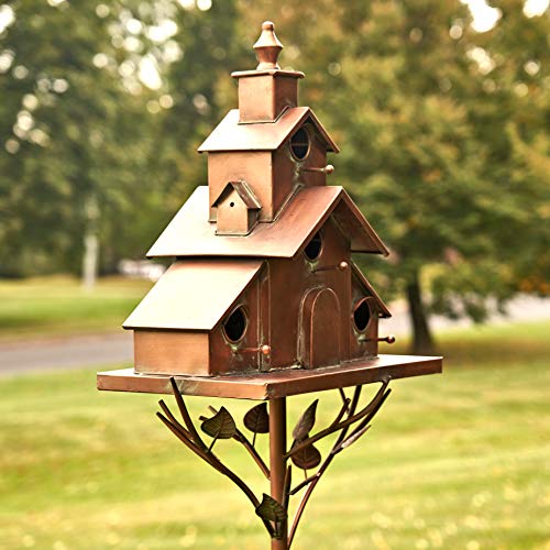Large Copper Colored Multi-Birdhouse Stakes, Room for 4 Bird Families in Each (Church Style with Cascading Roof) - style: Church Style with Cascading Roof