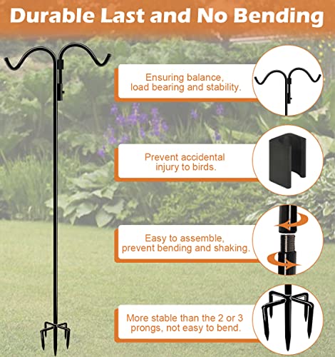 92 Inch Double Shepherds Hook for Outdoor with 5 Prong Base | Adjustable Heavy Duty Bird Feeder Pole for Hanging Flower Basket, Plant Hanger, Solar Light Lanterns, Black - size: 92in-1pcs