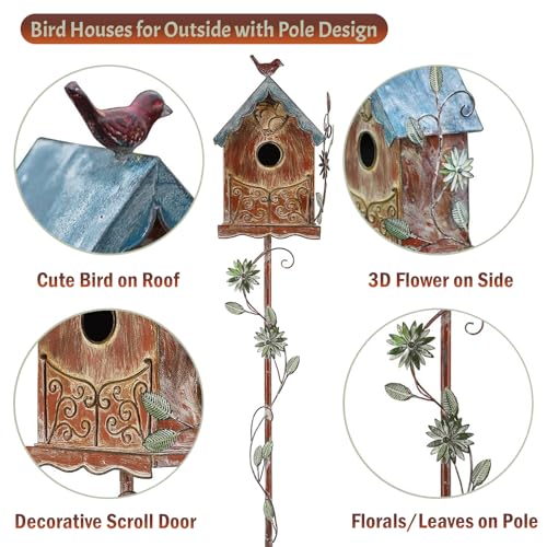 Baroque Cottage Bird House Stake for Outside with Pole, Distressed Metal Birdhouse Stand for Outdoor Garden,Purple - style: Baroque