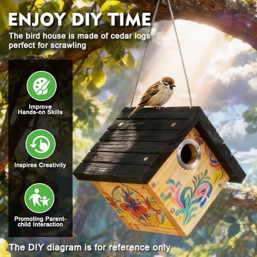 Gtongoko Hanging Wren Bird Houses for Outside with 1-1/8" Entrance 2 Pack | Wood Nesting Box with Metal predator guard, Climbing Grooves, Clean-Out Door, Air-Vent for Wrens & Carolina Wrens - color: Black-2 pc