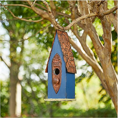 Glitzhome Bird Houses for Outside, Hanging Bird House for Outdoors, 13.25" H Retro Blue Distressed Solid Wood Pet Cottage Garden Decorative Birdhouse for Swallow Sparrow Finch Cardinals - color: Blue