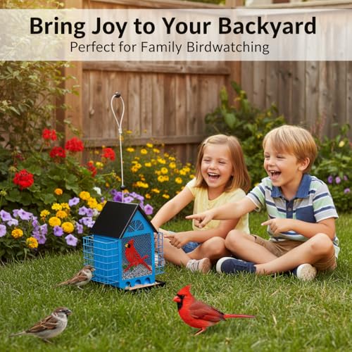 Blue House Metal Bird Feeder - 20" Hanging Wild Bird Feeder with Decorative Accents, Large Capacity Outdoor Birdfeeder for Cardinals and Songbirds, Perfect Garden Gift