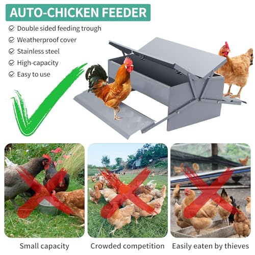 Automatic Chicken Feeder Treadle Poultry Feeding Trough Plastic Spraying Steel 25lb No Spill for Roosters Duck Goose and Turkey
