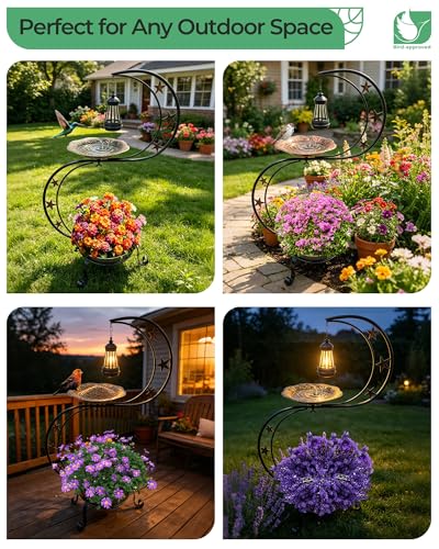 Solar Bird Bath with Flower Planter, S-Shaped Standing Garden Decor | Solar Glow, Hummingbird Embossed Bowl, 2-Tier Planter, Weather Resistant Metal, Garden Patio Accent