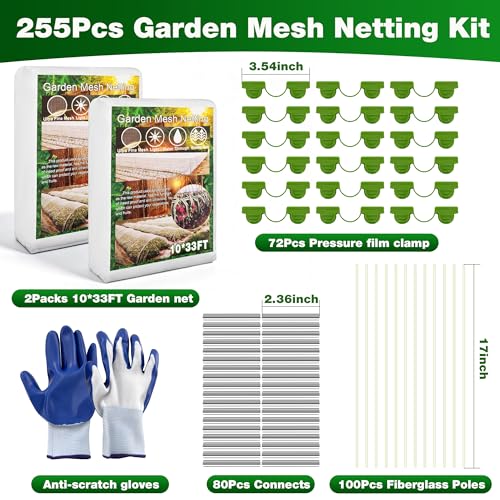 Garden Mesh Netting Kit, 2 Packs 10x33FT Netting, 100 Hoops 80 Connectors 72 Clips 1 Pair Gloves, Protection for Plant Vegetable Fruits Flowers Greenhouse