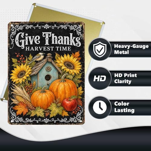 Give Thanks Birdhouse Tin Sign Sunflower Pumpkin Fall Wall Art for Kitchen Dining Room Living Room Porch Entryway and Rustic Farmhouse Home Decor 16 * 12In - color: Vintage Thanksgiving Tin Sign 10, size: 30X40cm(12*16in)