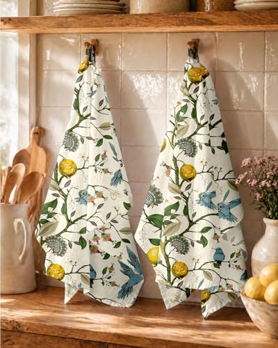 150GSM Flour Sack Kitchen Towels Set of 2, Lemon Birds | 18"x26", Lightweight, Lint-Free, Pure Cotton, Decorative, with Hanging Loop, Absorbent, Softer after Wash, Giftable Package - color: Lemon Bird