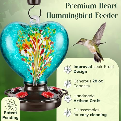 Hand Blown Glass Hummingbird Feeder for Outdoors All Season Use - 28 Fl. Oz. Leak Proof Hummingbird Feeder with Rust Proof Base - Includes Ant Moat, Ant & Bee Proof (Teal) - color: Teal