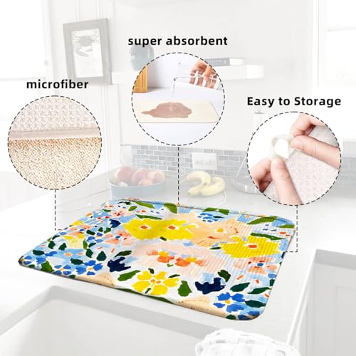 Floral Reversible Counter Dish Drying Mat, 18x24, Blue Yellow Draining Pad | Soft microfiber catches spills, non-slip backing protects counters, compact foldable mat suits dishes, glasses and cookware - color: Flower 02, size: 24" x 18"