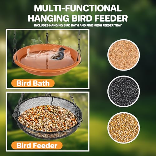 RAINFLOW Hanging Bird Bath Feeder - 2 in 1 Outdoor Water Tray for Backyard | Platform Bird Feeder for Outside Garden Patio, Attracts Wild Birds, Spring Summer Decor, Bird Lover Gift, Easy Hanging Set