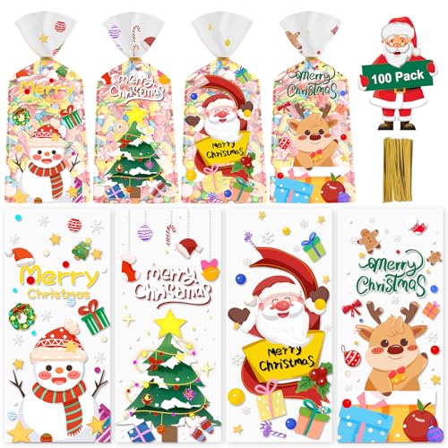 100 Pcs Christmas Treat Bags - Cute Merry Christmas Cellophane Bags, Plastic Christmass Gift Bags Bulk, Clear Winter Xmas Candy Cello Goodie Bag with Twist Ties for Xmas Party Favors Supplies - color: Christmas