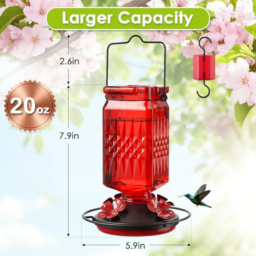 20oz Glass Hummingbird Feeder for Outdoors Hanging, Bird Nectar Feeder with 4 Bee Guard Flower-Shaped Feeding Ports & Built-in Ant Moat, for Bird Lover, Red (2 Pack) - color: Red 2 Pack