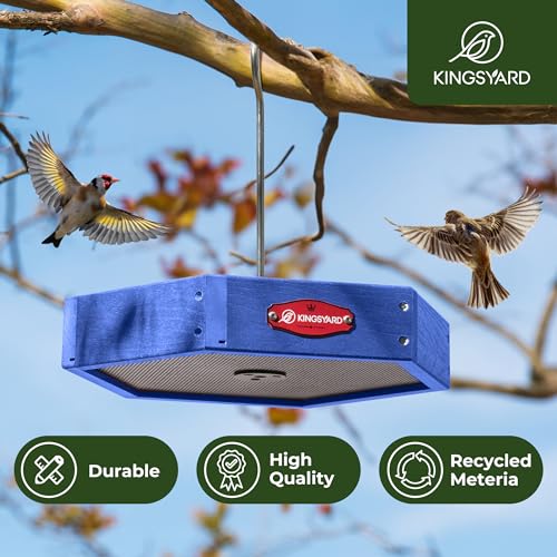 Kingsyard Hanging Platform Bird Feeder for Outdoors, Deep Tray, Blue | Weather-Resistant Recycled Poly Lumber, Fast-Draining Metal Mesh Base, Easy to Clean, Holds Up to 3 lb of Seed - color: Blue