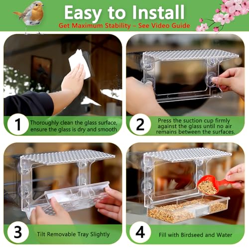 Gbekery Window Bird Feeder for Viewing with Suction Cups & Detachable Tray | Clear Acrylic Window-Mounted Feeder, Removable Separate Seed & Water Tray with Drainage Holes, Ideal Gift for Bird Watchers