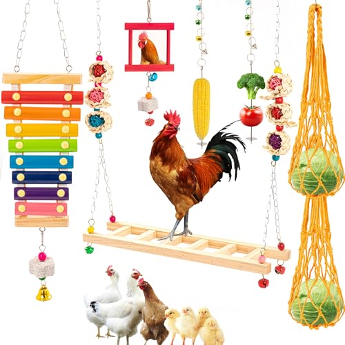 9 PCS Chicken Coop Toys, Chicken Swing Toys for Chickens Xylophone Mirror with Bell Hanging Vegetable Fruits Skewers Feeders Chick Coop Toy for Hen Birds Parrots