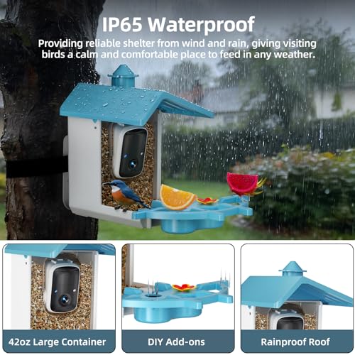 Bird Feeder with Camera for Outdoor, INKCKU 2K Solar Powered Bird Watching Camera, AI Identify Birds Species, Auto Capture Videos, Instant Arrival Alerts, Garden Decor, Gift for Mom Dad, Blue
