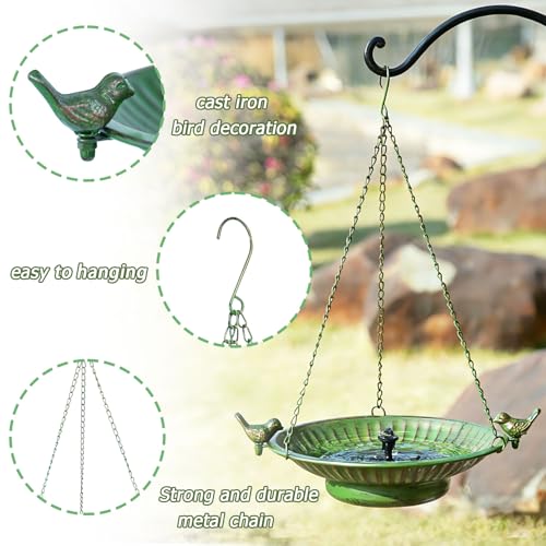 13" Hanging Bird Bath with Solar Fountain,Metal Solar Bird Bath (Green) | Hanging Solar Bird Bath,Birdbath Bubbler ,Hanging Bird Bath for Outdoors Garden, Patio & Yard.