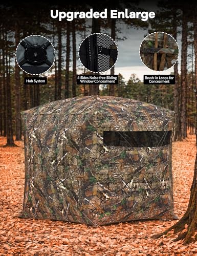 Hunting Blind 270 Degree See Through Ground Blind for Turkey Deer Hunting, 2-3 Person Camouflage Pop Up Hunting Blinds Ground Waterproof Portable Concealed Shelter with Silent Door and Carrying Bag