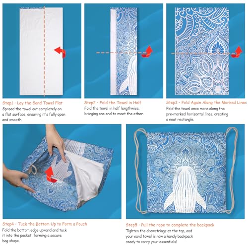2-in-1 Convertible Towel & Backpack Microfiber Beach Towel Bag with Boho Whale - color: Mandala Whale Blue