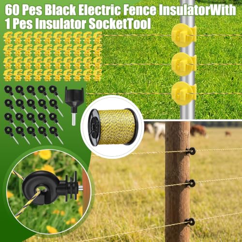 Electric Wire Fence Kit, 2 Mile 110VAC 0.15 J Plug in Fence Charger with 3366 FT Polywire, 40 T Post Insulators, 20 Screw in Insulators for Pasture Farm Horse Cattle Poultry Fencing - size: 3366FT, style: 0.15J
